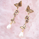 Rhodonite and White Pearl Golden Butterflies Post Drop Earrings Rhodonite and White Pearl Golden Butterflies Post Drop Earrings