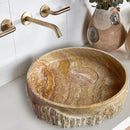 Scabos Gold Travertine Rustic Stone Above Vanity Bathroom Sink (D)18" (H)4" Scabos Gold Travertine Rustic Stone Above Vanity Bathroom Sink (D)18" (H)4"