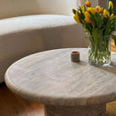 Silver Travertine Vein-cut Round Honed 2" Tabletop Coffee Table (D)36" (H)16" Silver Travertine Vein-cut Round Honed 2" Tabletop Coffee Table (D)36" (H)16"