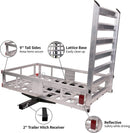 50" L x 29.7" W x 9" H Trailer Hitch Cargo Carrier Utility Basket with 41.5" Folding Wheelchair Ramp 50" L x 29.7" W x 9" H Trailer Hitch Cargo Carrier Utility Basket with 41.5" Folding Wheelchair Ramp
