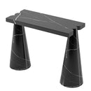 Toros Black Marble Designer Cone Shape Legs Console Polished (W)15" (L)40" (H)32" top angle view Toros Black Marble Designer Cone Shape Legs Console Polished (W)15" (L)40" (H)32" top angle view