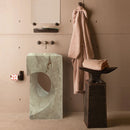 Walnut Travertine Designer Pedestal Stand-Alone Hearth Shape Sink (W)18" (L)18" (H)33" Walnut Travertine Designer Pedestal Stand-Alone Hearth Shape Sink (W)18" (L)18" (H)33"