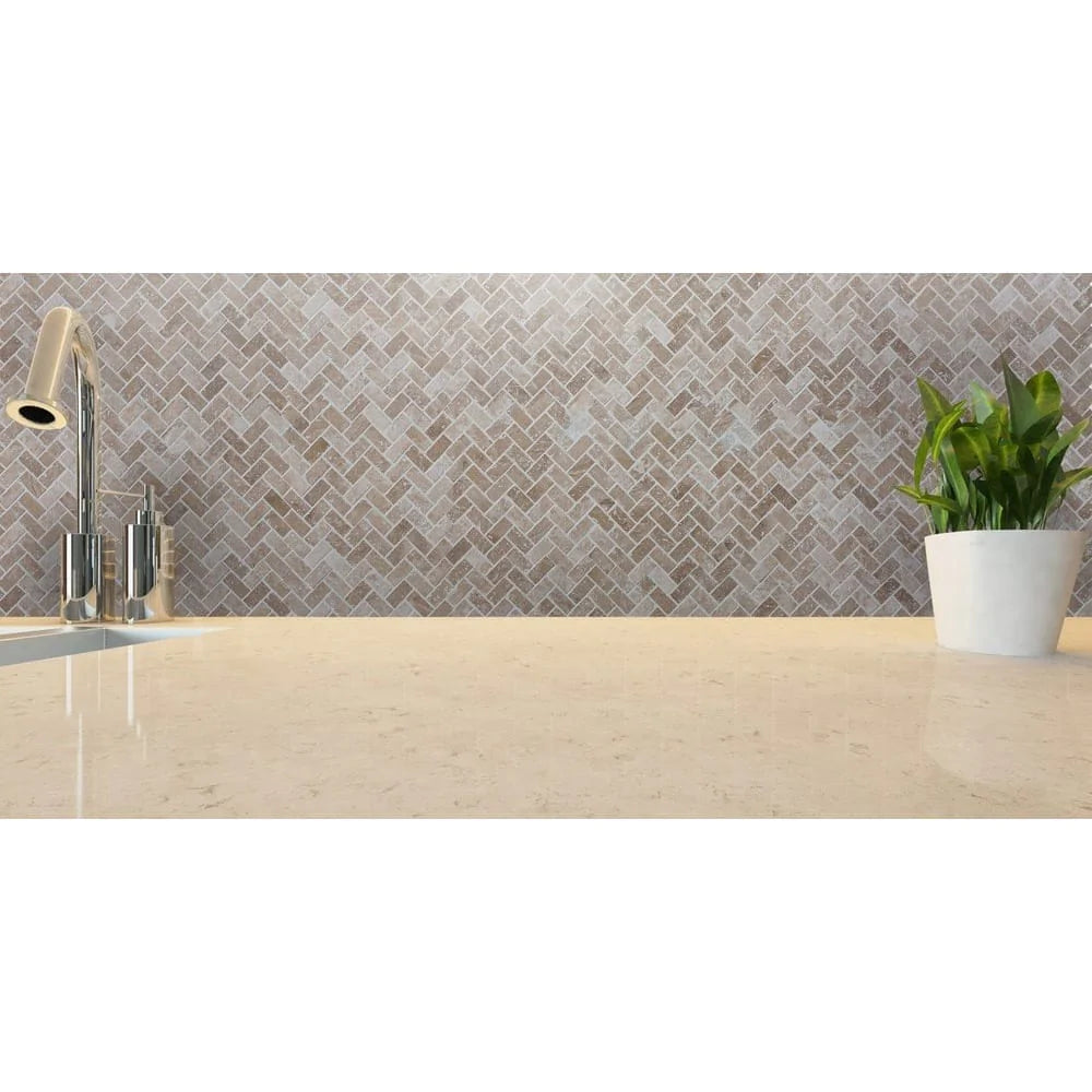 Medium Beige Travertine Tumbled Herringbone Mosaic Floor and Wall Tile (10  sqft per box)