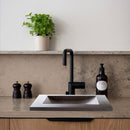 Black Andesite Natural Stone Rectangular Shape Vessel Sink Honed (W)16" (L)26" (H)5" SKU-DSAN01 installed on bathroom Black Andesite Natural Stone Rectangular Shape Vessel Sink Honed (W)16" (L)26" (H)5" SKU-DSAN01 installed on bathroom