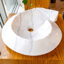Carrara Marble Helix Shape Sink NTRVS06 Size (W)20" (L)23" (H)4" side view product shot Carrara Marble Helix Shape Sink NTRVS06 Size (W)20" (L)23" (H)4" side view product shot