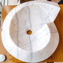 Carrara Marble Helix Shape Sink NTRVS06 Size (W)20" (L)23" (H)4" side view product shot Carrara Marble Helix Shape Sink NTRVS06 Size (W)20" (L)23" (H)4" side view product shot