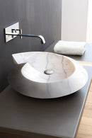 Carrara Marble Helix Shape Sink NTRVS06 Size (W)20" (L)23" (H)4"bathroom view product shot Carrara Marble Helix Shape Sink NTRVS06 Size (W)20" (L)23" (H)4"bathroom view product shot