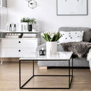 Carrara White marble coffee table 36x36 square white paint legs living room view Carrara White marble coffee table 36x36 square white paint legs living room view