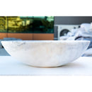 Carrara white marble oval vessel sink NTRSTC04 Size (W)16" (L)21" (H)6" side view product shot Carrara white marble oval vessel sink NTRSTC04 Size (W)16" (L)21" (H)6" side view product shot