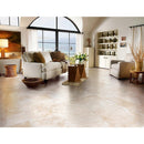 Denizli beige antique French pattern travertine tile size pattern set surface brushed chiseled SKU-10071438 installed on living room floor Denizli beige antique French pattern travertine tile size pattern set surface brushed chiseled SKU-10071438 installed on living room floor
