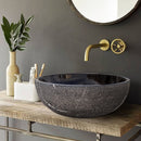 Toros Black Marble Natural Stone Vessel Sink Polished and Rough D16 H6 SKU EGE7TBP165  installed on bathroom counter Toros Black Marble Natural Stone Vessel Sink Polished and Rough D16 H6 SKU EGE7TBP165  installed on bathroom counter