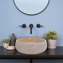Light Beige Travertine Vessel Bathroom Sink Polished Inside and Sandblasted Outside  (D)16" (H)6" Light Beige Travertine Vessel Bathroom Sink Polished Inside and Sandblasted Outside  (D)16" (H)6"