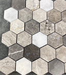 Silver Shadow-Carrara White Mix Marble 2" Hexagon on 12" x 12" Mesh Mosaic Tile Silver Shadow-Carrara White Mix Marble 2" Hexagon on 12" x 12" Mesh Mosaic Tile
