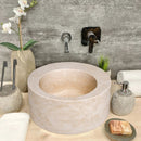 Light Beige Travertine Natural Stone Round Sink SKU-NTRSTC22 size (D)18" (H)8" installed on bathroom scene Light Beige Travertine Natural Stone Round Sink SKU-NTRSTC22 size (D)18" (H)8" installed on bathroom scene