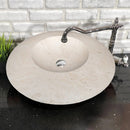 light travertine natural stone ufo shape sink honed and filled SKU NTRSTC17 Size (D)21" (H)6" installed on bathroom view light travertine natural stone ufo shape sink honed and filled SKU NTRSTC17 Size (D)21" (H)6" installed on bathroom view
