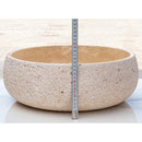 Light beige travertine vessel sink honed inside sandblasted outside size (D)16" (H)6" SKU-EGELBTR1662 height measure Light beige travertine vessel sink honed inside sandblasted outside size (D)16" (H)6" SKU-EGELBTR1662 height measure