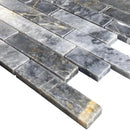 Luna sky marble mosaic liner on 12x12 mesh brick honed SKU-HSLSSLNBMOSH Corner view Luna sky marble mosaic liner on 12x12 mesh brick honed SKU-HSLSSLNBMOSH Corner view