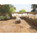 Meandros Gold antique French pattern travertine tile size pattern set surface brushed chiseled SKU-10074439 installed on terrace floor Meandros Gold antique French pattern travertine tile size pattern set surface brushed chiseled SKU-10074439 installed on terrace floor