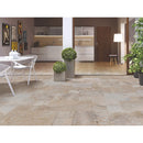 Mina rustic antique French pattern set travertine tile size pattern set surface brushed and chiseled SKU-10076469 installed on terrace floor Mina rustic antique French pattern set travertine tile size pattern set surface brushed and chiseled SKU-10076469 installed on terrace floor
