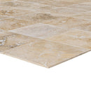 Mina rustic travertine tile surface honed filled SKU-10071430.4 Close-up shot of product thickness. Mina rustic travertine tile surface honed filled SKU-10071430.4 Close-up shot of product thickness.