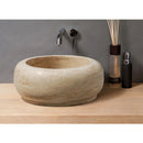 Natural Stone Oval Light Travertine Vessel Sink SKU-20020003 bathroom view of sink. Natural Stone Oval Light Travertine Vessel Sink SKU-20020003 bathroom view of sink.