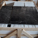 Nero Marquina Black Marble Tile Polished size 12x24 SKU-40102006 product shot top view on wooden crate Nero Marquina Black Marble Tile Polished size 12x24 SKU-40102006 product shot top view on wooden crate