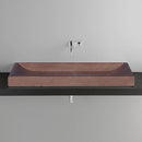 Noce Travertine Rectangular Vessel Sink Honed Filled (W)16" (L)48" (H)4" SKU-NTRSTC39 installed on bathroom above-counter Noce Travertine Rectangular Vessel Sink Honed Filled (W)16" (L)48" (H)4" SKU-NTRSTC39 installed on bathroom above-counter