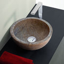 Noce Brown Travertine Natural Stone Round Above Vanity Bathroom Sink (D)12.5" (H)6" SKU NTRSTC05 installed on bathroom above black counter with chrome faucet Noce Brown Travertine Natural Stone Round Above Vanity Bathroom Sink (D)12.5" (H)6" SKU NTRSTC05 installed on bathroom above black counter with chrome faucet