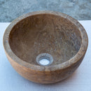 Noce brown travertine natural stone vessel sink surface honed filled size (D)12.5" (H)6" SKU-NTRSTC05 product shot angle view Noce brown travertine natural stone vessel sink surface honed filled size (D)12.5" (H)6" SKU-NTRSTC05 product shot angle view