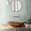 Noce travertine oval vessel sink size  (W)16" (L)21" (H)6" SKU-NTRVS36 installed on bathroom front view  Noce travertine oval vessel sink size  (W)16" (L)21" (H)6" SKU-NTRVS36 installed on bathroom front view
