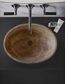 Noce travertine oval vessel sink size (W)16" (L)21" (H)6" SKU-NTRVS36 installed on bathroom top view Noce travertine oval vessel sink size (W)16" (L)21" (H)6" SKU-NTRVS36 installed on bathroom top view