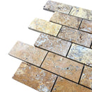 Scabos Travertine 2"x4" Brick Honed on 12" x 12" Mesh Mosaic Tile SKU-HSST2x4BMOSH angle view Scabos Travertine 2"x4" Brick Honed on 12" x 12" Mesh Mosaic Tile SKU-HSST2x4BMOSH angle view