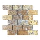 Scabos Travertine 2"x4" Brick Honed on 12" x 12" Mesh Mosaic Tile SKU-HSST2x4BMOSH on white background Scabos Travertine 2"x4" Brick Honed on 12" x 12" Mesh Mosaic Tile SKU-HSST2x4BMOSH on white background