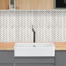 Shell Stone Limestone 1"x3" Herringbone on 12" x 12" Mesh Mosaic Tile SKU-HSSS1x3HBMOSH Installed view of product Shell Stone Limestone 1"x3" Herringbone on 12" x 12" Mesh Mosaic Tile SKU-HSSS1x3HBMOSH Installed view of product