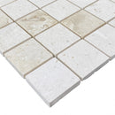 Shell Stone Limestone 2"x2" Honed on 12" x 12" Mesh Mosaic Tile SKU-HSSS2x2BMOSH Corner view Shell Stone Limestone 2"x2" Honed on 12" x 12" Mesh Mosaic Tile SKU-HSSS2x2BMOSH Corner view