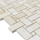Shell Stone Limestone Basketweave Design on 12" x 12" Mesh Mosaic Tile SKU-HSSSBWVDMOSH corner view Shell Stone Limestone Basketweave Design on 12" x 12" Mesh Mosaic Tile SKU-HSSSBWVDMOSH corner view