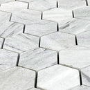Solto White Marble 2" Hexagon on 12" x 12" Mesh Mosaic Tile SKU-HSSW2HEXMOSH close view Solto White Marble 2" Hexagon on 12" x 12" Mesh Mosaic Tile SKU-HSSW2HEXMOSH close view