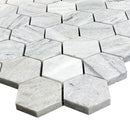 Solto White Marble 2" Hexagon on 12" x 12" Mesh Mosaic Tile SKU-HSSW2HEXMOSH corner view Solto White Marble 2" Hexagon on 12" x 12" Mesh Mosaic Tile SKU-HSSW2HEXMOSH corner view