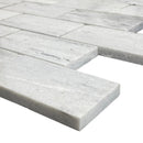 Solto White Marble 2"x4" Brick Honed on 12" x 12" Mesh Mosaic Tile SKU-HSSW2x4BMOSH corner view Solto White Marble 2"x4" Brick Honed on 12" x 12" Mesh Mosaic Tile SKU-HSSW2x4BMOSH corner view