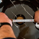 Toros Black Marble Vessel Sink rough exterior SKU-NTRVS24 size (D)16" (H)6" product shot drain hole measure Toros Black Marble Vessel Sink rough exterior SKU-NTRVS24 size (D)16" (H)6" product shot drain hole measure