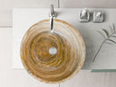 traonyx travertine onyx natural stone marble vessel sink size (D)16" (H)6" SKU-NTRVS32 installed on bathroom top view traonyx travertine onyx natural stone marble vessel sink size (D)16" (H)6" SKU-NTRVS32 installed on bathroom top view