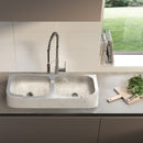 Troia Light Travertine Farmhouse Double Bowl Kitchen Sink Honed Filled (W)18" (L)36" (H)7" SKU-NTRSTC32 installed on kithcen  Troia Light Travertine Farmhouse Double Bowl Kitchen Sink Honed Filled (W)18" (L)36" (H)7" SKU-NTRSTC32 installed on kithcen