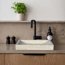 Troia Light Travertine Rectangular Vessel Sink Honed Filled (W)16" (L)27.5" (H)4" SKU-NTRSTC37 installed on kitchen Troia Light Travertine Rectangular Vessel Sink Honed Filled (W)16" (L)27.5" (H)4" SKU-NTRSTC37 installed on kitchen