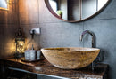 Valencia travertine oval sink SKU-EGESTN01 size (W)16" (L)21" (H)6" installed on bathroom Valencia travertine oval sink SKU-EGESTN01 size (W)16" (L)21" (H)6" installed on bathroom