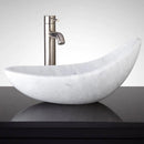carrara white marble asymmetric over counter vessel sink W14 L22 H8 SKU-YEDSIM08 installed on over counter product shot carrara white marble asymmetric over counter vessel sink W14 L22 H8 SKU-YEDSIM08 installed on over counter product shot