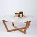 Carrara white marble coffee table D32-H16.5 round wood legs SKU-MSCW36WL Product shot with white background Carrara white marble coffee table D32-H16.5 round wood legs SKU-MSCW36WL Product shot with white background