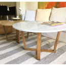 Carrara white marble coffee table D32-H16.5 round wood legs SKU-MSCW36WL Room scene of product Carrara white marble coffee table D32-H16.5 round wood legs SKU-MSCW36WL Room scene of product