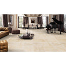 denizli beige rustic vein cut travertine tile size 12"x12" (30.5cmx30.5cm) surface polished filled edge straight SKU-20020068 installed on dining room and living room floors denizli beige rustic vein cut travertine tile size 12"x12" (30.5cmx30.5cm) surface polished filled edge straight SKU-20020068 installed on dining room and living room floors