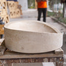 natural stone light travertine special design vessel sink honed and filled SKU NTRSTC19 Size (W)16" (L)21.5" (H)6" side view product shot natural stone light travertine special design vessel sink honed and filled SKU NTRSTC19 Size (W)16" (L)21.5" (H)6" side view product shot