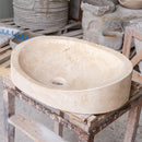 natural stone light travertine special design vessel sink honed and filled SKU NTRSTC19 Size (W)16" (L)21.5" (H)6" side view product shot natural stone light travertine special design vessel sink honed and filled SKU NTRSTC19 Size (W)16" (L)21.5" (H)6" side view product shot